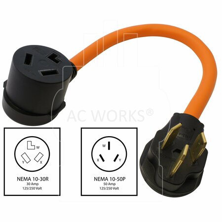 Ac Works 1.5FT 10-50P 50A 3-Prong Plug to 10-30R 3-Prong Dryer Outlet S10501030-018